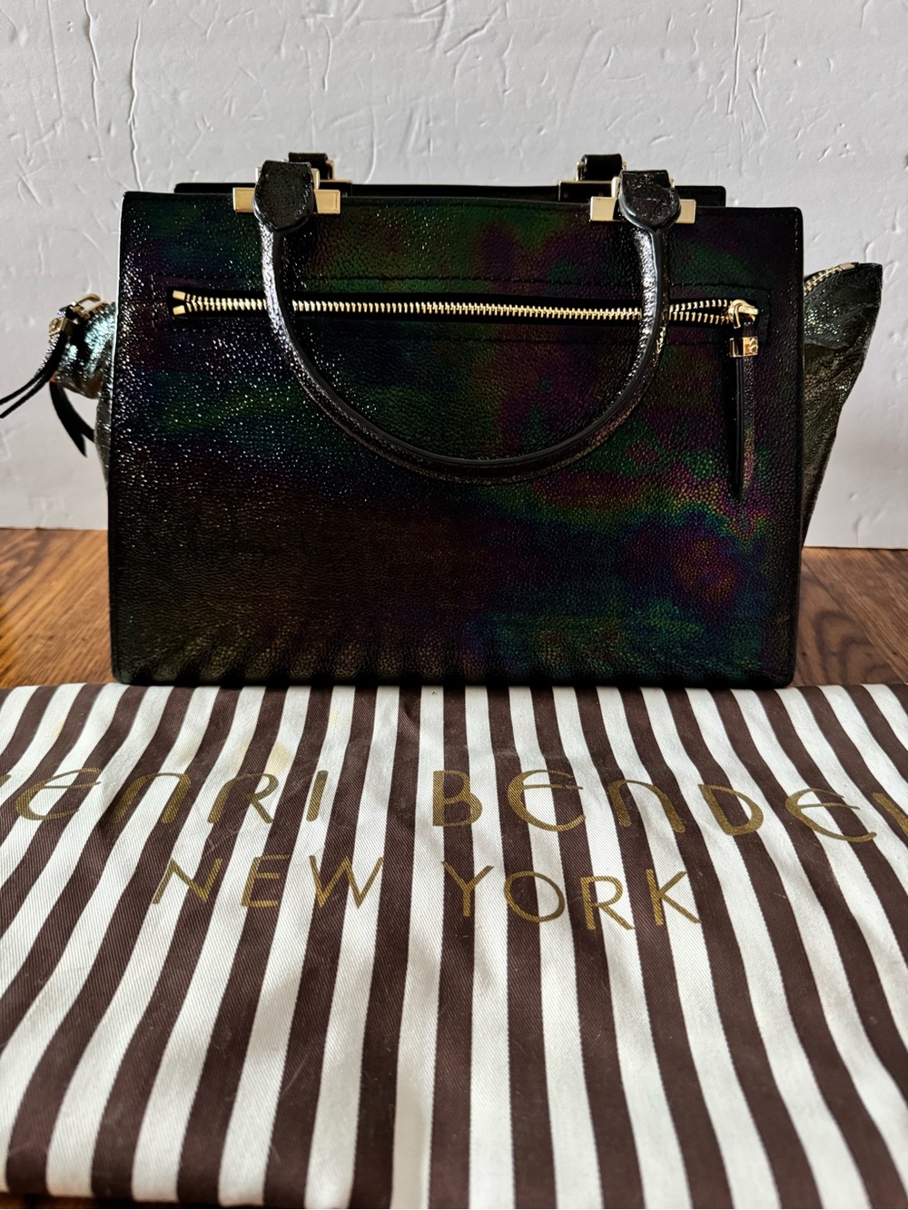 henri bendel The Gotham Iridescent Black Satchel with Gold Hardware